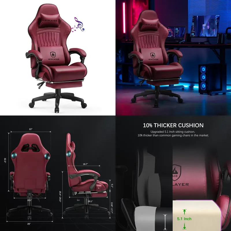 Pc Gaming Gaming - GTPLAYER製ゲーミングチェア。スピーカー内蔵、人間工学に基づいたデザインの合成皮革製リクライニングチェア。フットレスト付き、角度調整可能な回転式PCチェア。