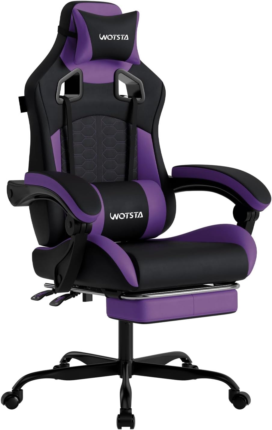 Pc Gaming Gaming - マッサージ機能付きゲーミングチェア。人間工学に基づいた設計で、フットレスト、快適なヘッドレスト、腰部サポートを備えたPC用ゲーミングチェア。背もたれが高く、PVCレザーを使用。耐荷重300ポンド（ブラック＆パープル）。